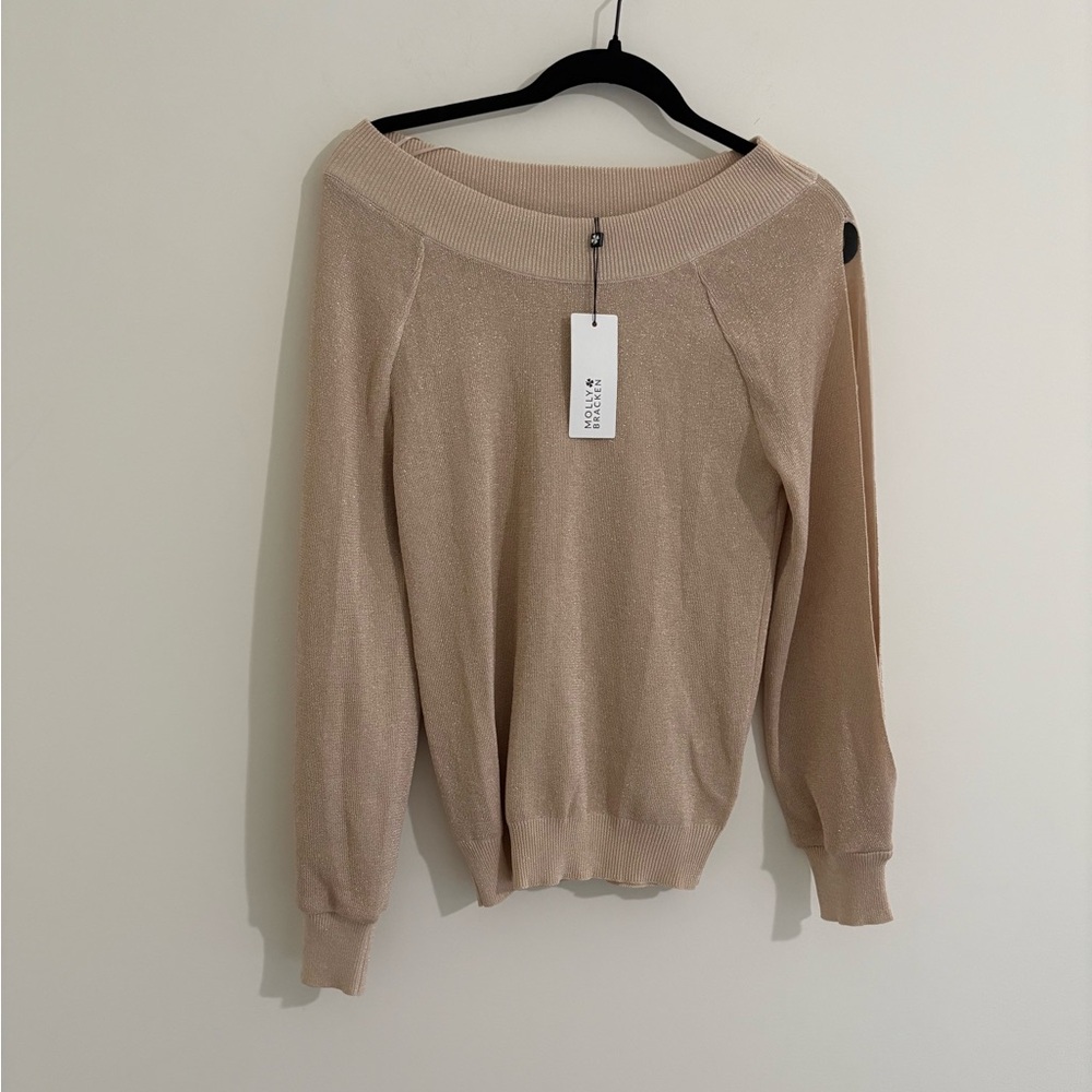 Molly Bracken Off-Shoulder Beige Sweater